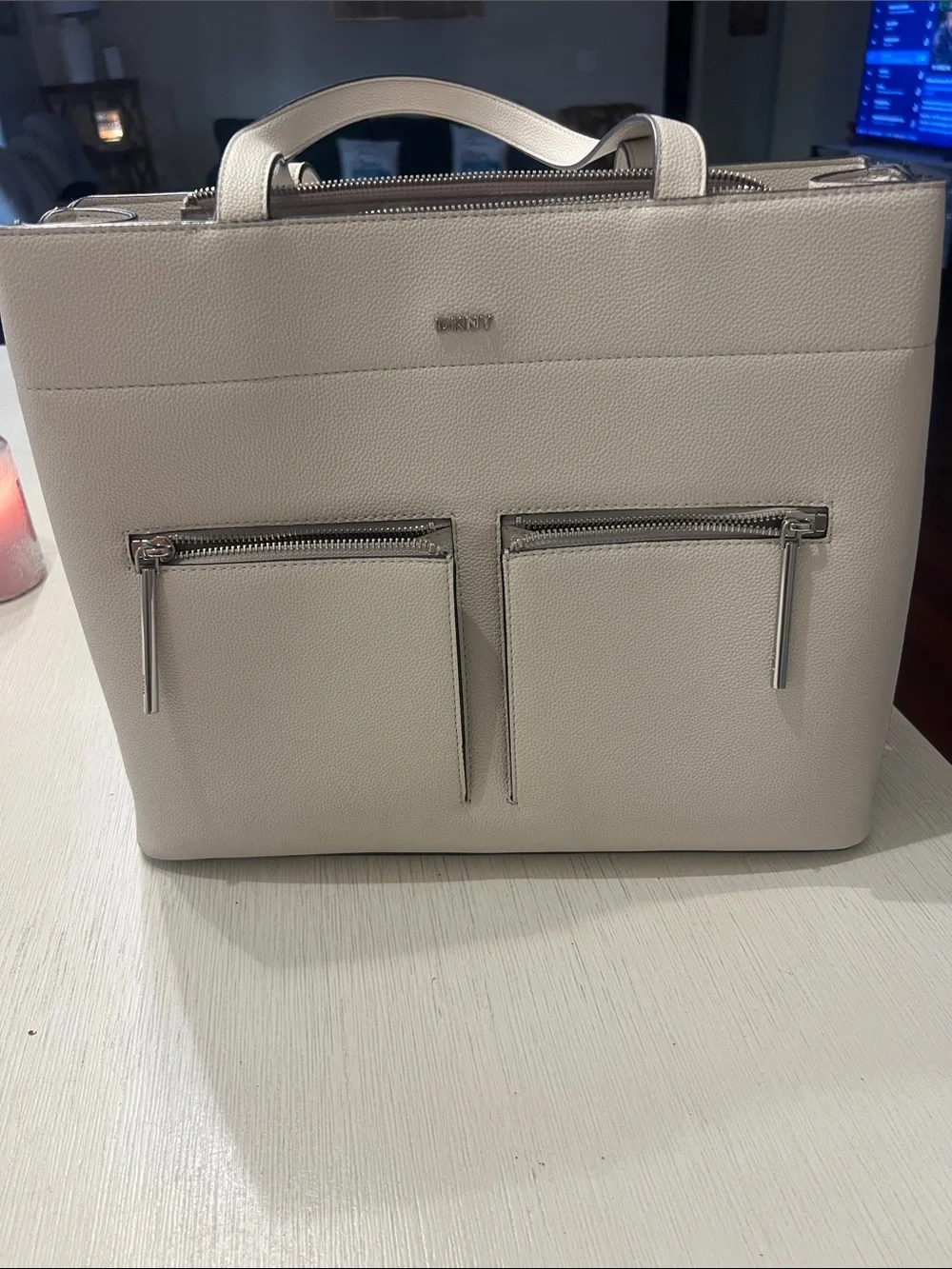 DKNY Cream Pebbled Leather Laptop Tote with Front Zip Pockets